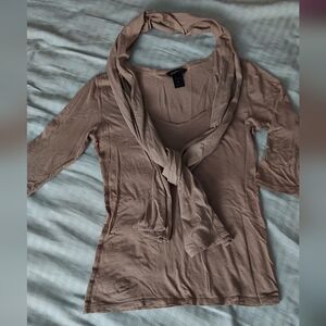 Moda International Tan Women's Blouse with Scarf Accent